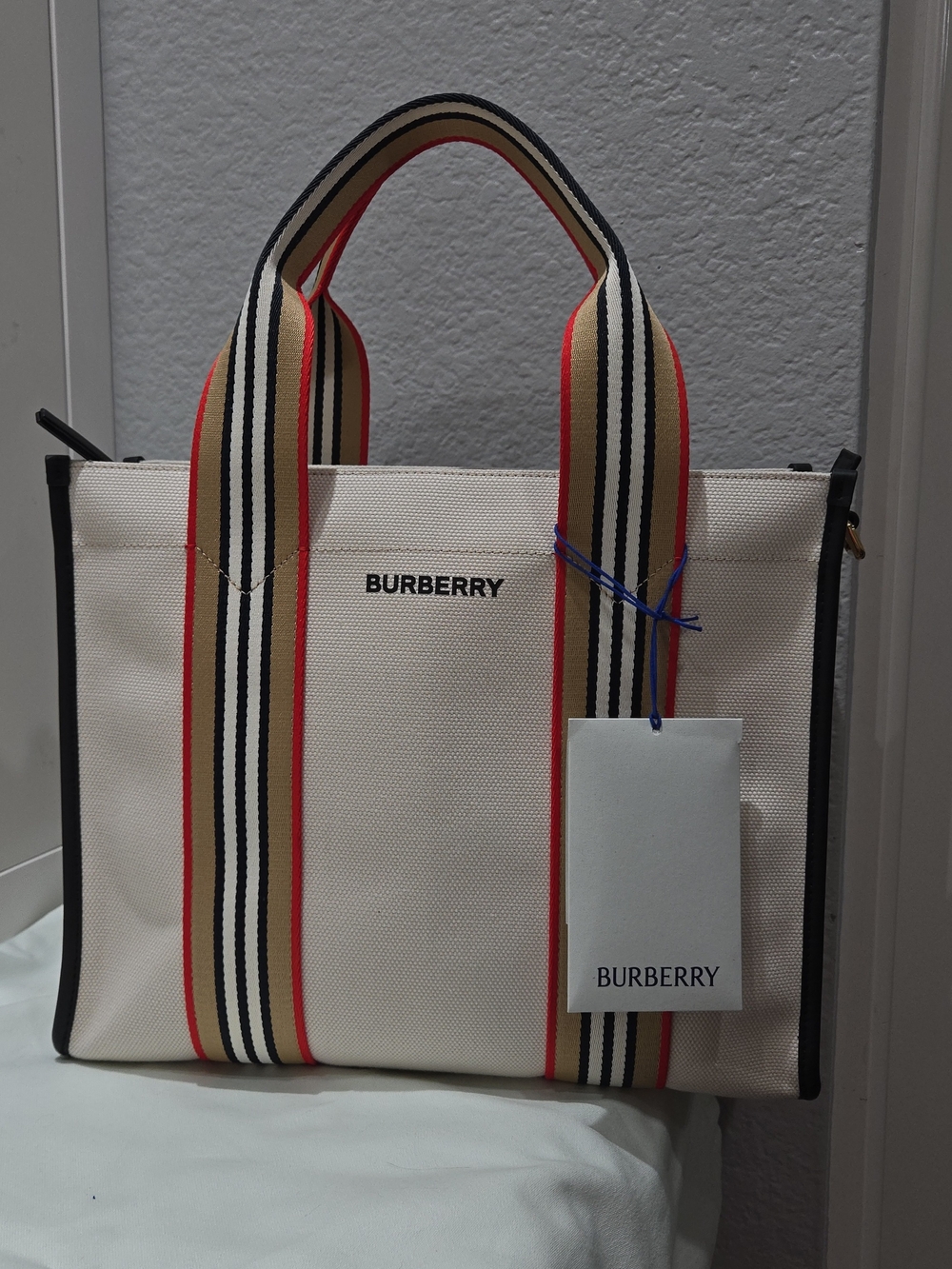 Burberry Canvas Icon Tote in Beige with Black Leather Trim - Picture 8 of 8